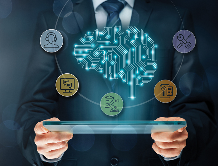 Stock image of a person with digital icons floating