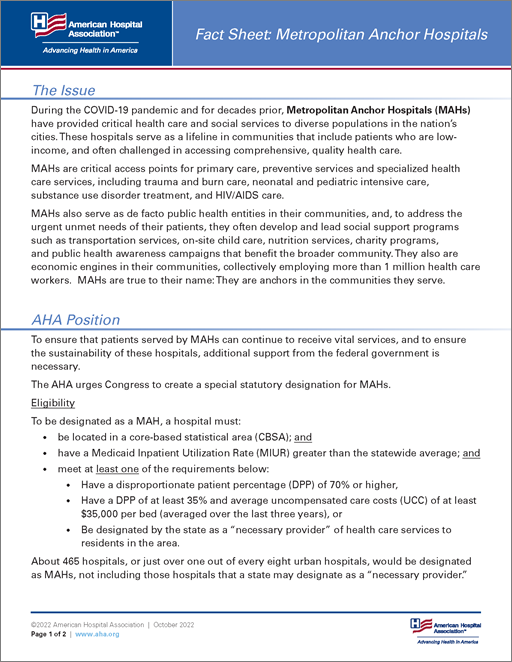 Cover Fact Sheet: Metropolitan Anchor Hospitals.