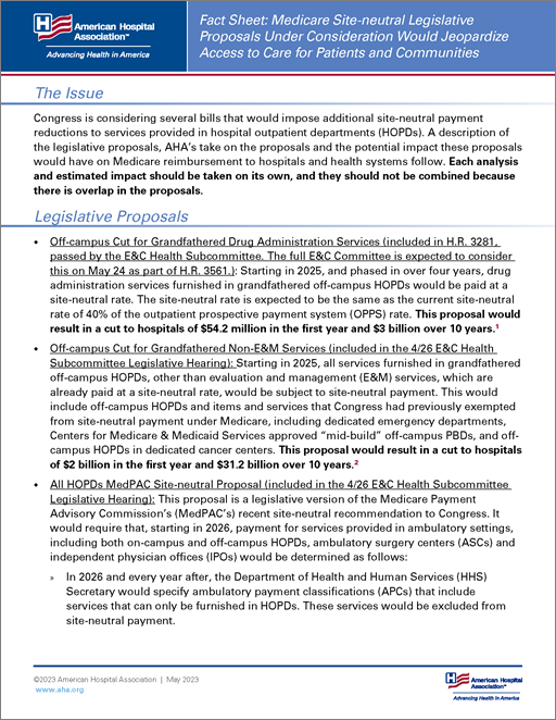 Cover Fact Sheet: Medicare Site-neutral Legislative Proposals Under Consideration Would Jeopardize Access to Care for Patients and Communities.