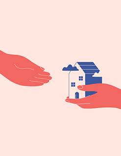 Stylized, handing an house to another hand