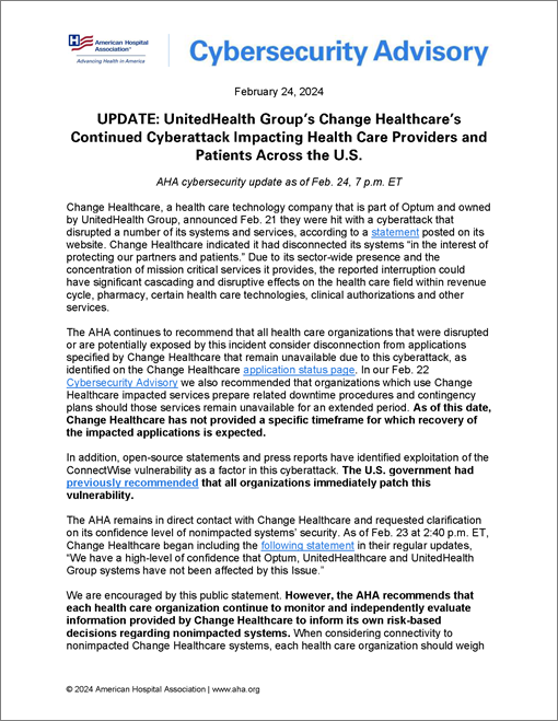 Cover Cybersecurity Advisory: UPDATE: UnitedHealth Group’s Change Healthcare’s Continued Cyberattack Impacting Health Care Providers