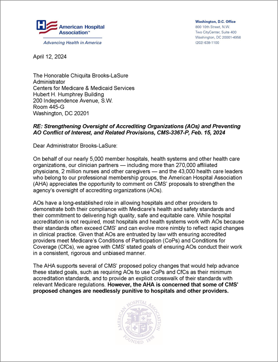 Cover Image AHA Comments on CMS Proposal on Accrediting Organization Oversight