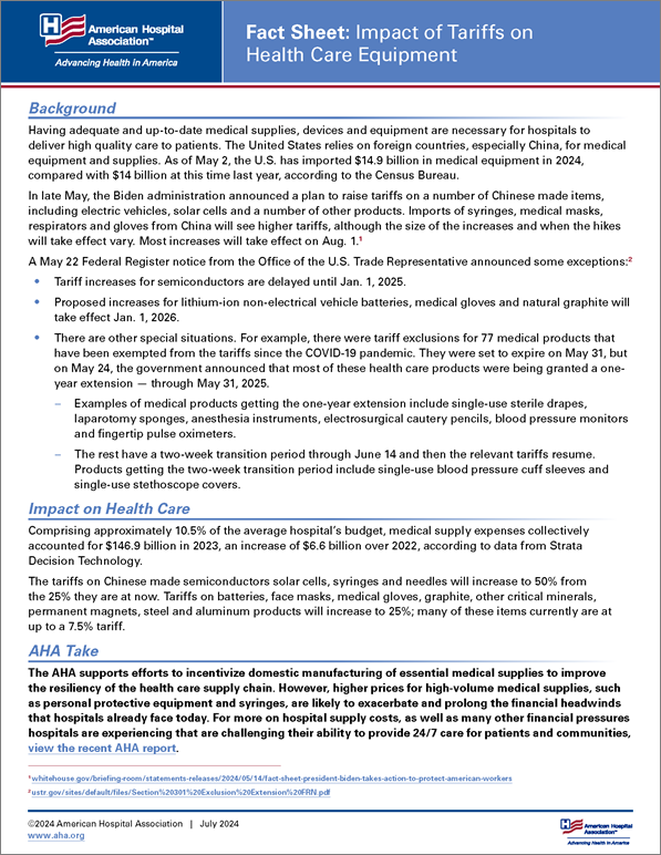 Cover Fact Sheet: Impact of Tariffs on Health Care Equipment.