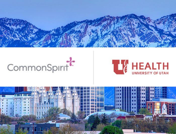 CommonSpirit and University of Utah Health. Poster shows a landscape shot with hospital buildings in foreground and mountains in background, overlaid with CommonSpirit and University of Utah Health logos