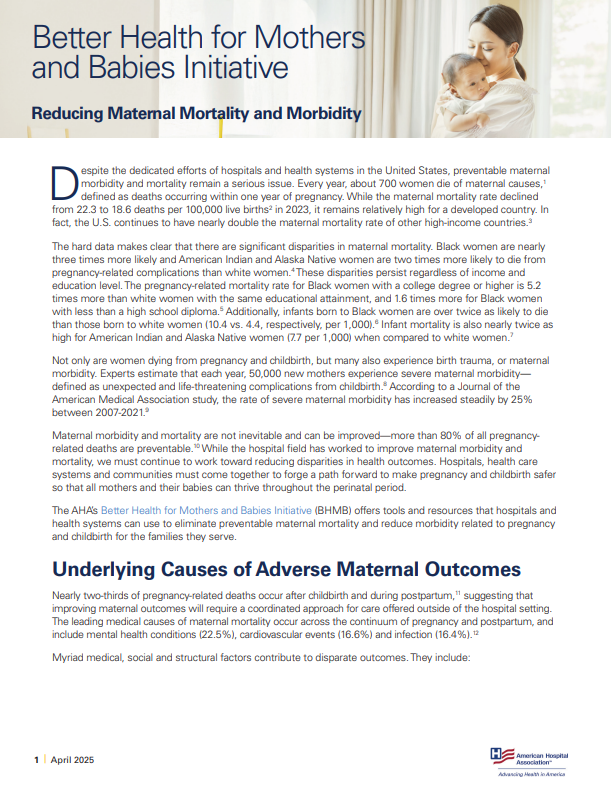 Better Health for Mothers and Babies: Issue Brief - Reducing Maternal Mortality and Morbidity page 1