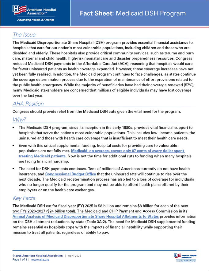 Fact Sheet: Medicaid DSH Program cover. Updated April 2025.