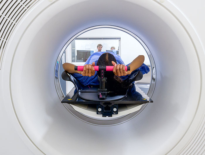 University of Oklahoma Medical Center. A patient receiving radiation therapy is viewed from inside the machine looking out