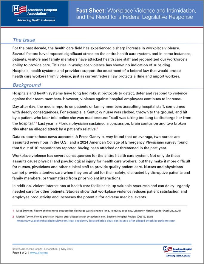 Cover: Fact Sheet: Workplace Violence and Intimidation, and the Need for a Federal Legislative Response May 28, 2025
