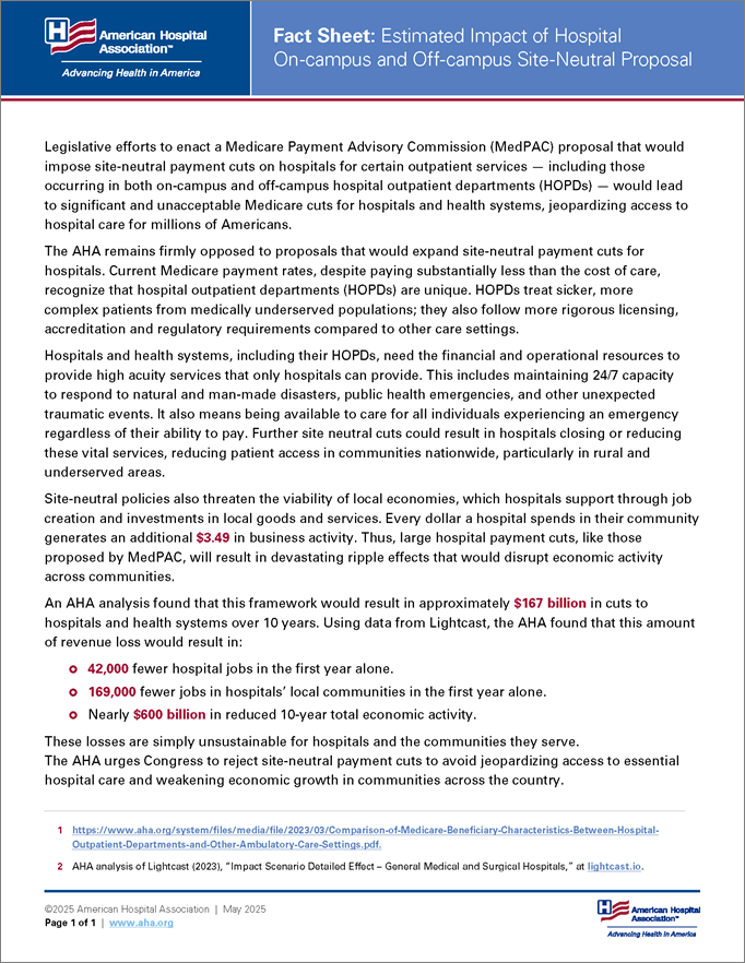 Cover Fact Sheet: Estimated Impact of Hospital On-campus and Off-campus Site-Neutral Proposal
