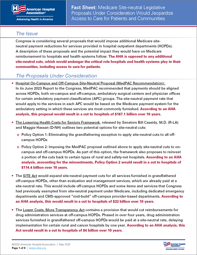Cover Fact Sheet: Medicare Site-neutral Legislative Proposals Under Consideration Would Jeopardize Access to Care for Patients and Communities