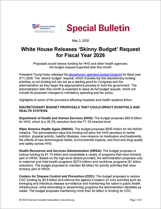 Cover Special Bulletin: White House Releases ‘Skinny Budget’ Request for Fiscal Year 2026.