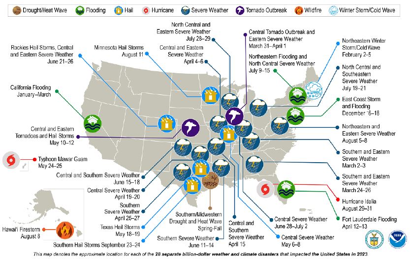 This map denotes the approximate location for each of the 28 separate billion-dollar weather and climate disasters that impact the United States in 2003.