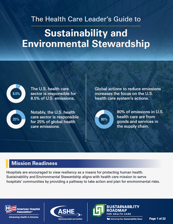 Cover image of the AHA's guide: The Health Care Leader's Guide to Sustainability and Environmental Stewardship