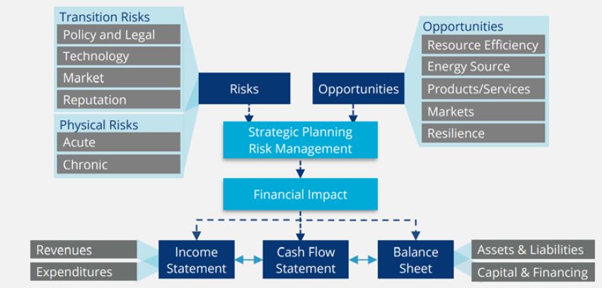 Visual flow: Transition Risks (Policy & Legal, Technology, Market, Reputation) and Physical Risks (Acute, Chronic) merge into Risks that combine with Opportunities (Resource Efficiency, Energy Source, Products/Services, Markets, Resilience) into Strategic Planning Risk Management, which flows into Financial Impact: breaking out into; Income Statement, Cash Flow Statement, Balance Sheet. Income Statement breaks out into Revenues and Expenditures, and Balance sheet breaks out into Assets & Liabilities and Capital & Financing.