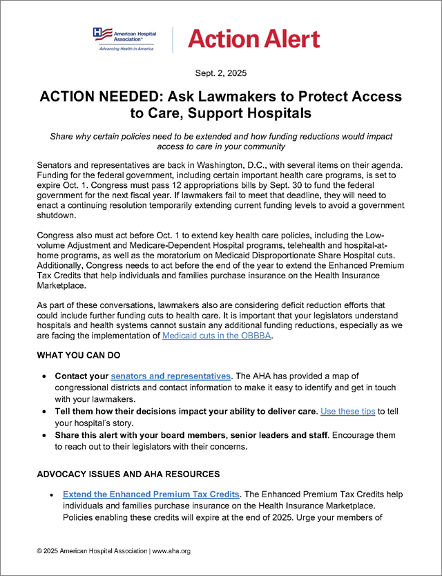 Action Alert: Ask Lawmakers to Protect Access to Care, Support Hospitals Cover