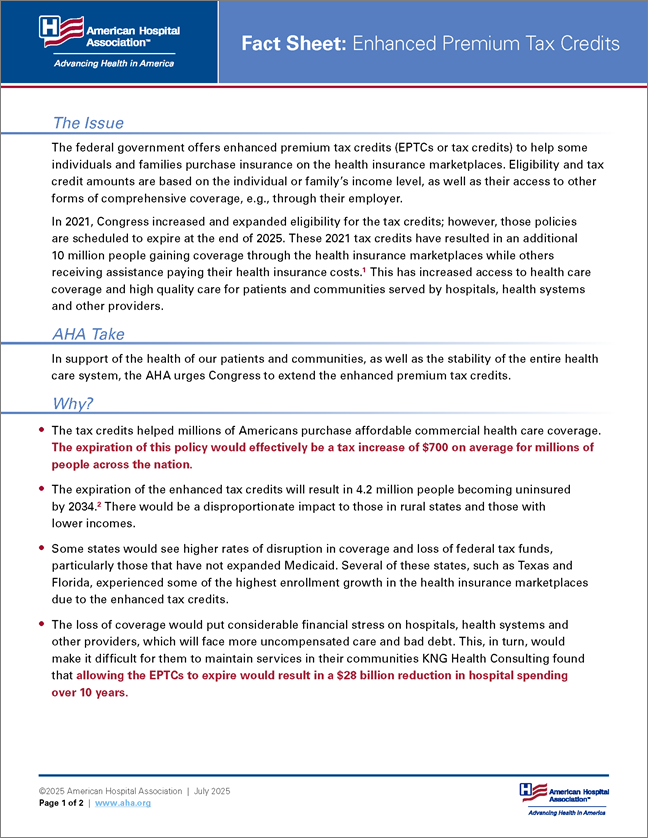 Fact Sheet: Enhanced Premium Tax Credits page 1.