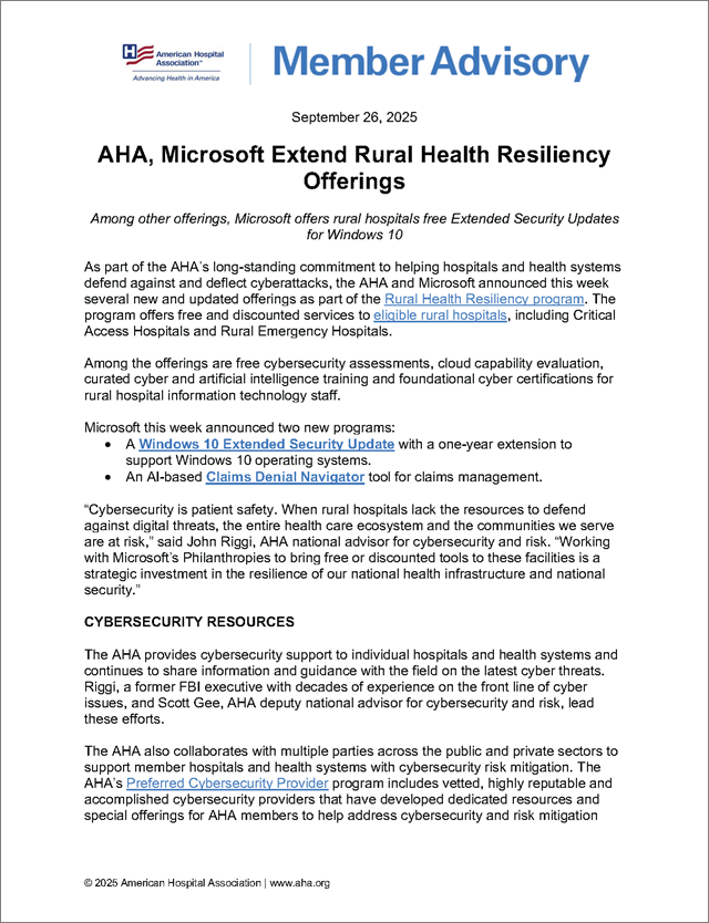 AHA Member Advisory: AHA, Microsoft Extend Rural Health Resiliency Offerings