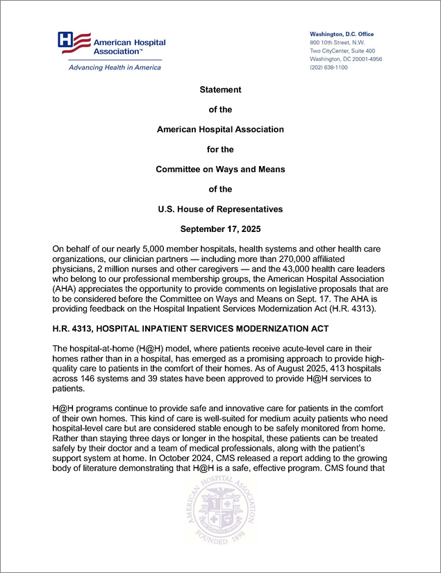 AHA Statement before the House Committee on Ways and Means on Hospital Inpatient Services Modernization Act (H.R. 4313) cover.