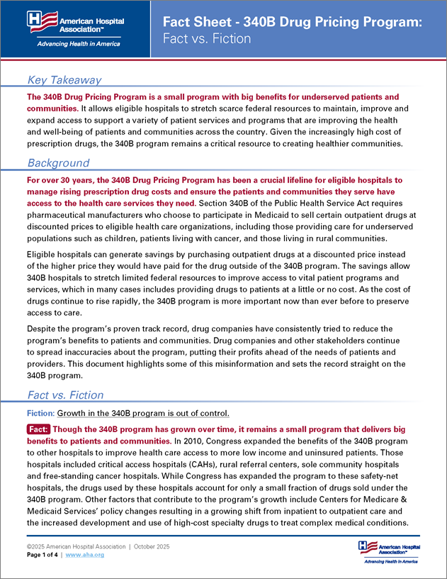Fact Sheet: 340B Drug Pricing Program: Fact vs Fiction Cover.