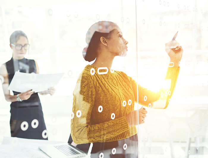 Business person presenting with on looker