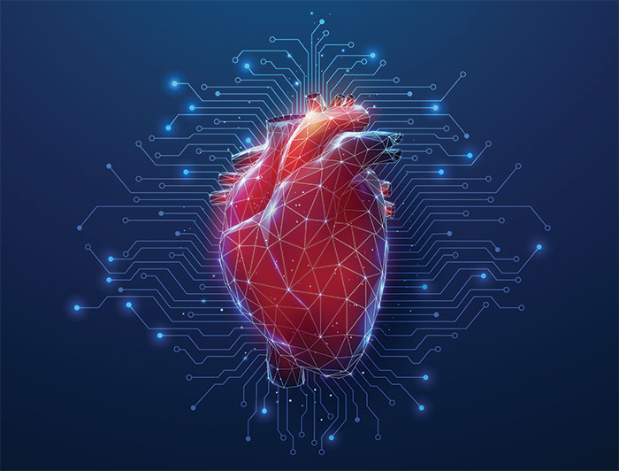 Telling the Hospital Story: Ochsner Heath implements AI-powered technology to support AFib treatment - stock image of a heart with circuitry overlaid
