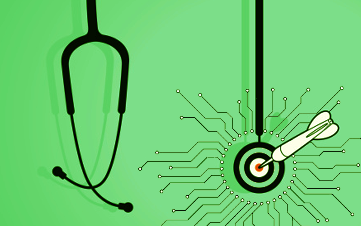 3 Takeaways to Retain Top Clinical Informatics Talent. A black stethoscope against a green background with a dart stuck in the center of a bullseye on the stethoscope's bell which has electronic circuits extending from it.