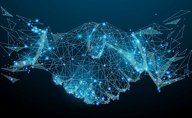 3 Ways to Improve Odds for Success with Startups. An image of two hands shaking made up of lines and points of light representing a strategic network.
