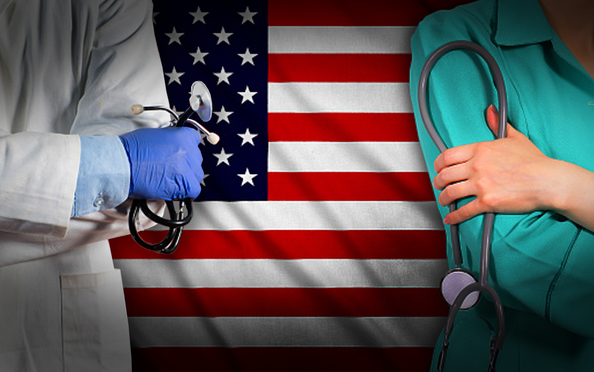 3 Strategic Workforce Planning Moves to Make Now. A doctor and a nurse holding stethoscopes in their hands stand with arms crossed in front of the flag of the United States of America.