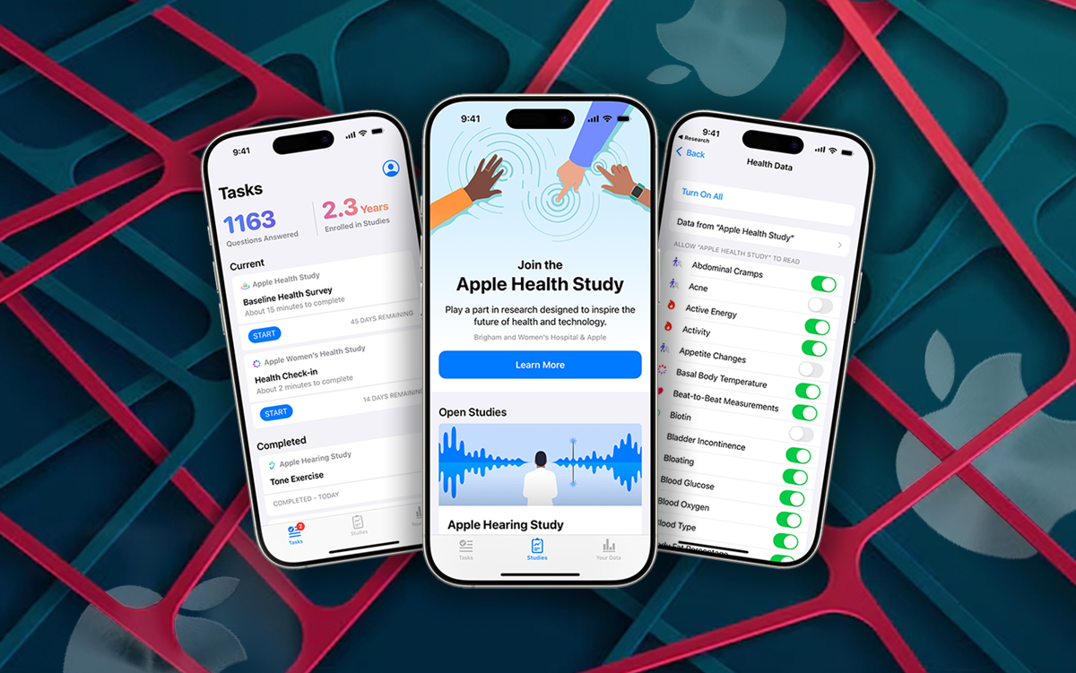 3 Takeaways about Apple’s New Mental and Physical Health Study. Three iPhones with the middle phone displaying the Apple Health Study homepage against a background with Apple logos.