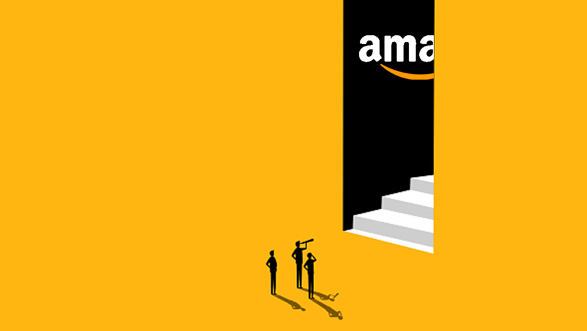 3 Takeaways from Amazon Health Services Reorganization. A large doorway with stairs leading up to Amazon Health Services appears before three health care explorers.