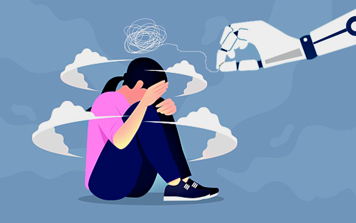 3 Ways AI Could Aid Behavioral Health Screenings. A woman suffering from behavioral health issues is assisted by an artificial intelligence (AI) bot.