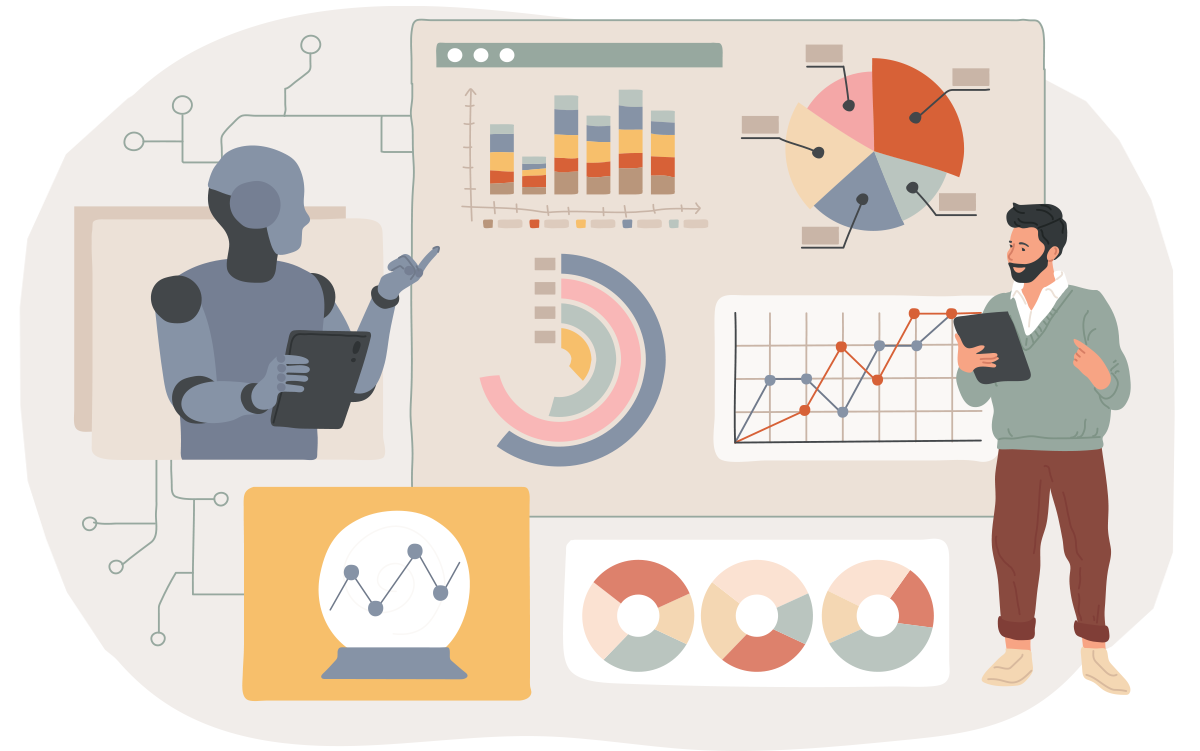 4 Actions to Close Hospitals’ Predictive AI Gap. An AI agent analyzes data and a human data analysts review hospital health data.