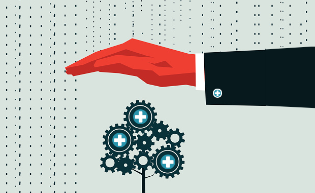 4 Habits of Highly Reliable Health Care Organizations. The arm of a businessman protects the machine tree of an organization from digital rain.