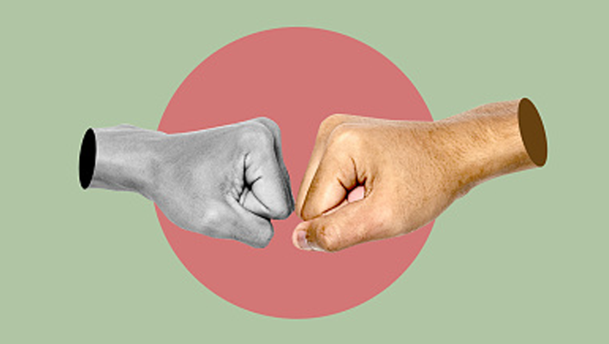 4 Health Systems Team Up to Tackle Drug Development, Care Coordination and Billing. A silver hand and a gold hand fist bump.