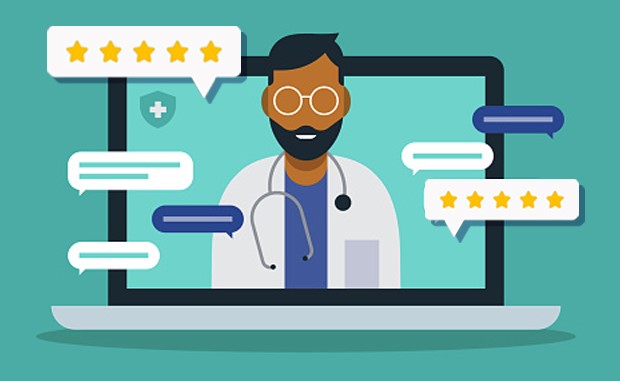 4 Keys to Delivering Superior Virtual Care. A laptop computer with a doctor displaying on the screen surrounded by ratings and reviews.