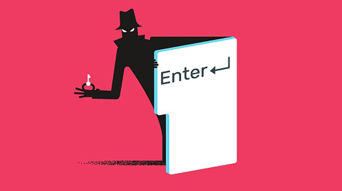 4 Keys to Manage Third-Party Cybersecurity Risk. A shadowing spy with a key in his hand opens a computer folder icon with Enter printed on it.