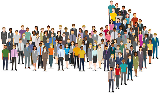 4 Strategies to Drive Health-Equity Success. A diverse group of people gathered in the shape of an arrow pointing to the right.