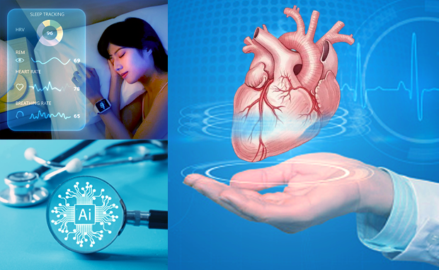 4 Takeaways from the 2026 J.P. Morgan Healthcare Conference. A women sleeps with a wearable remote health monitor on her wrist which is monitoring her vital statistics. An artificial intelligence AI icon on the bell of a stethoscope. A physician holding a digital rendering of a hear that is rotating in his hand.