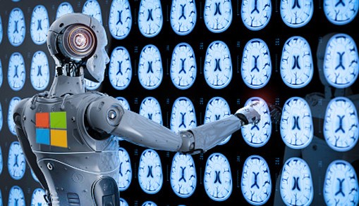 4 Things to Know about Microsoft’s New AI Tools for Health Care. An AI robot with a Microsoft logo on its back points to one brain MRI image on a wall of brain MRI images.