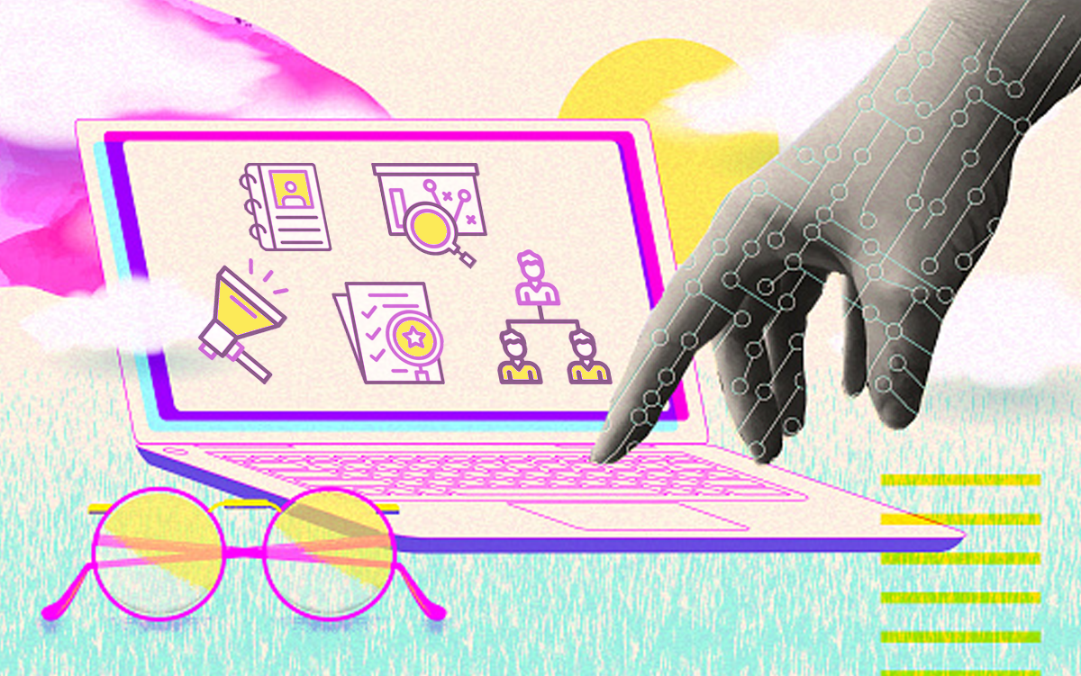 5 Ways to Equip Your CHRO for Success. The hand of a Chief Human Resources Office clicks on a the keyboard of a laptop that show icons of the five new crucial functions of HR leaders: HR Functional Expert; Talent Strategist; Culture Ambassador; Change Agent; and Strategic Connector.