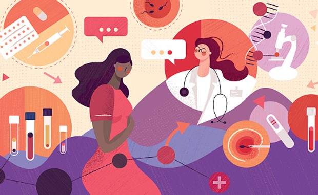 AHA Innovation Dialogue Explores Efforts to Improve Women’s Health, Equity. A female clinician speaks with a Black woman about her health. The two are surrounded by images from healthcare: birth-control pills and other medications; a fertilized egg, a microscope, test tubes in a laboratory, an IVF fertilized egg, a pregnancy test, a blood sample.