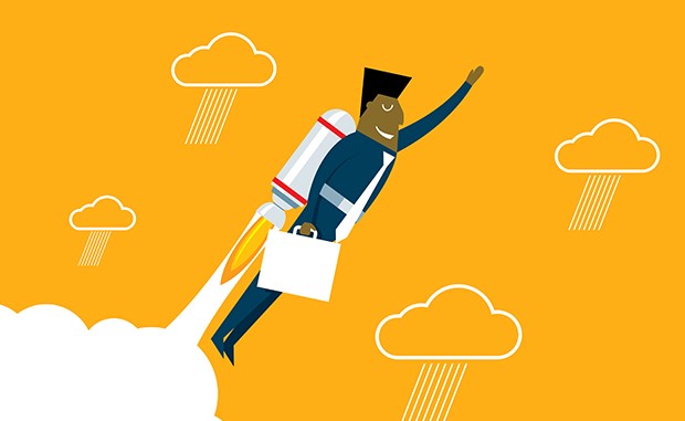 AHA Makes Second Round of Investments in Health-Equity Startup Funds. A black businessman holding a briefcase with a rocket pack on his back flies up in the air amid some clouds.