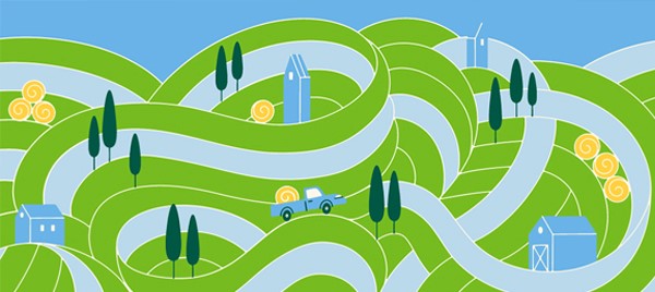 AHA Rural Health Care Leadership Conference to Explore Innovative Approaches to Transform Care. An illustration of a rural community with hills and winding roads.