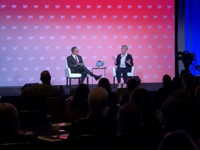 Former CNN Washington bureau chief Frank Sesno and Stacy Hughes, AHA executive vice president of government relations and public policy