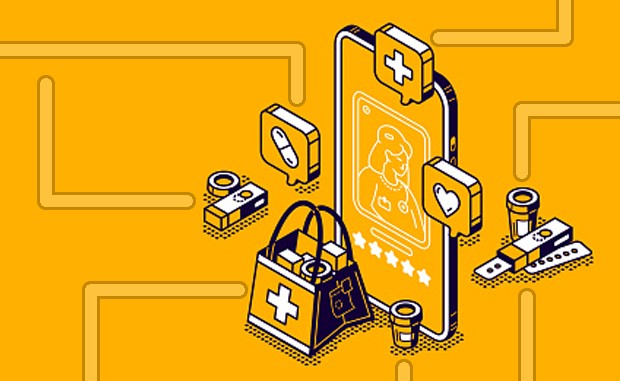 Advancing Digital Patient Engagement: Opportunities for Differentiation. A mobile phone with a health care app running that is displaying hospital, pharmacy, and monitoring icons, with testing materials and prescription drugs around the phone.