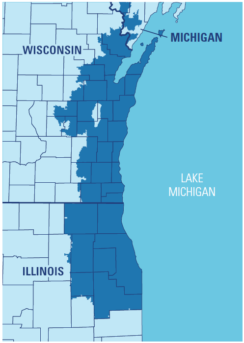 Advocate Health county coverage in Illinois, Wisconsin, and Michigan.