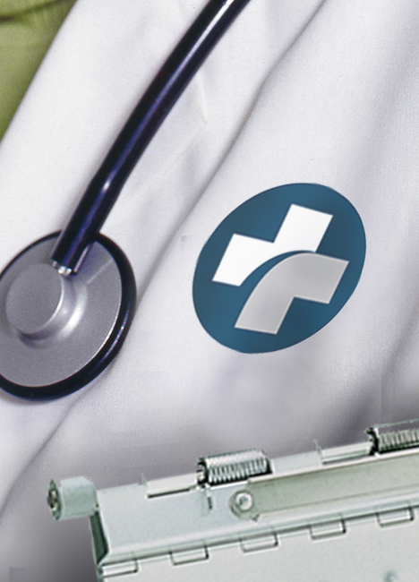 Advocate Health labcoat with stethoscope and health record clipboard.