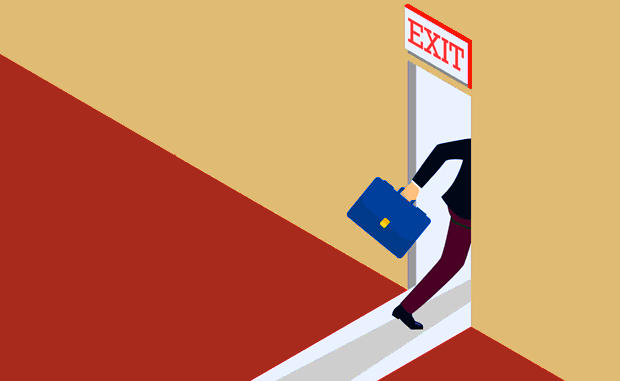 Amazon, CVS Health Follow Their Learn-Fast, Fail-Fast Models. A businessman holding a briefcase walks out a door under an Exit sign.