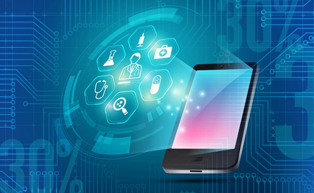 Analysis Finds 30% of Care Could Be Delivered Virtually. What’s Your Next Move? A mobile phone with the screen projecting an icon for a physician surrounded by six other health care icons.