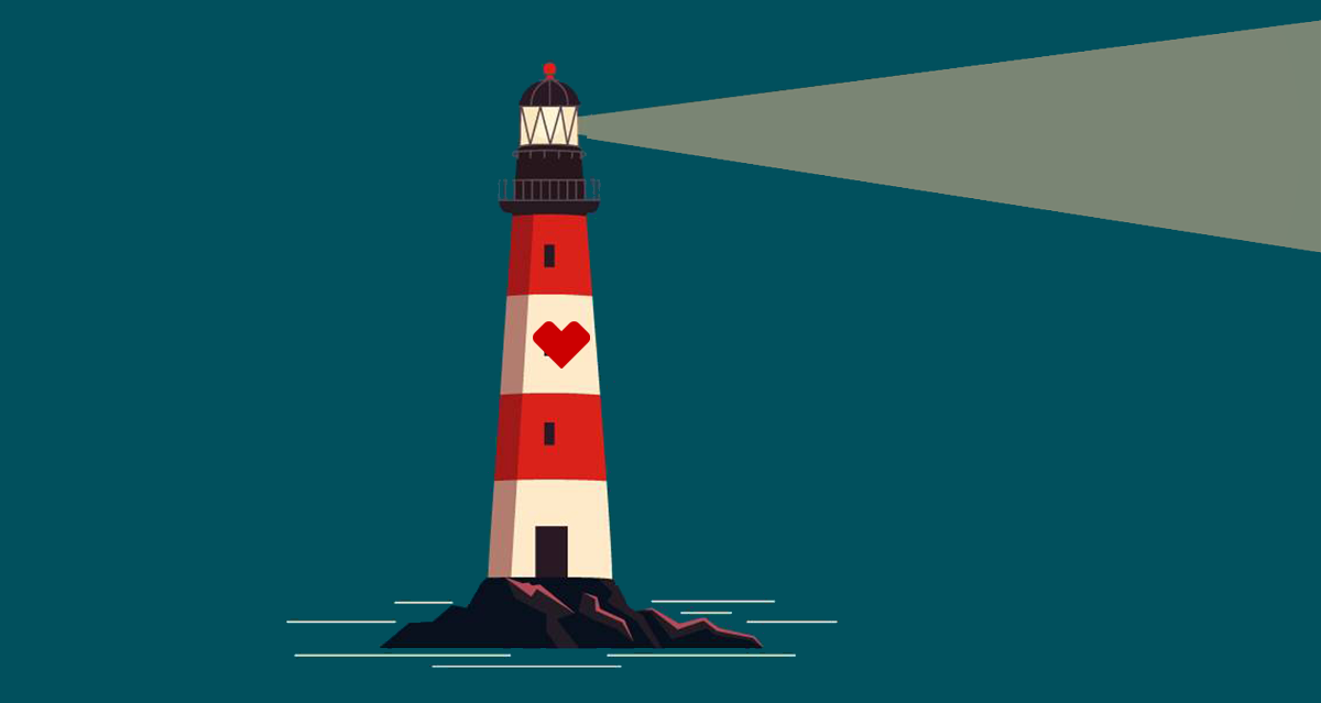 CVS Installs New Health Care Leadership Team. A lighthouse with a CVS logo on it sits on an island in an ocean with its light shining in the darkness.
